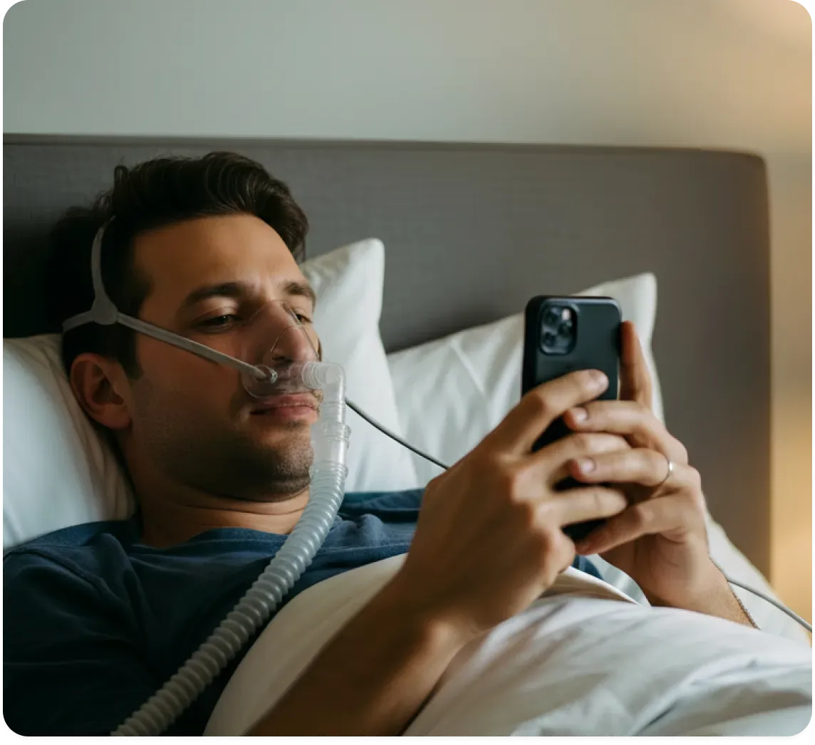 Patient using CPAP device while checking phone